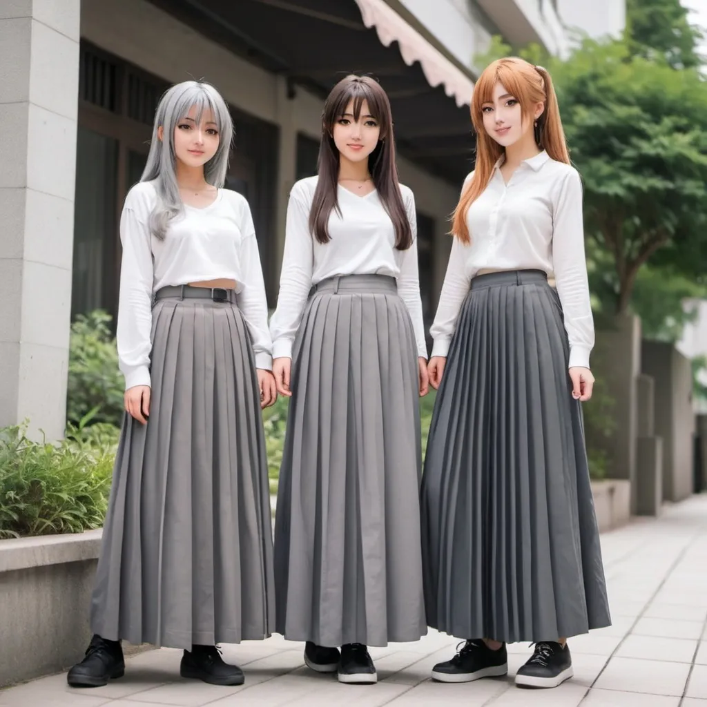 Prompt: anime girls wearing maxi long grey pleated skirts.