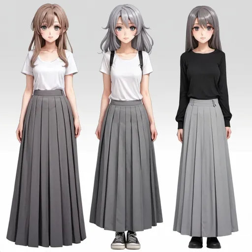 Prompt: anime girls wearing maxi long grey pleated skirts.