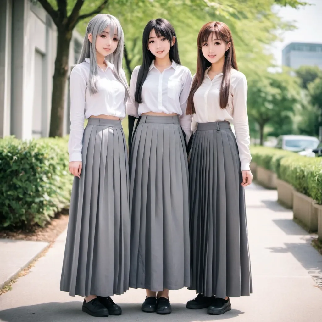 Prompt: anime girls wearing maxi long grey pleated skirts.