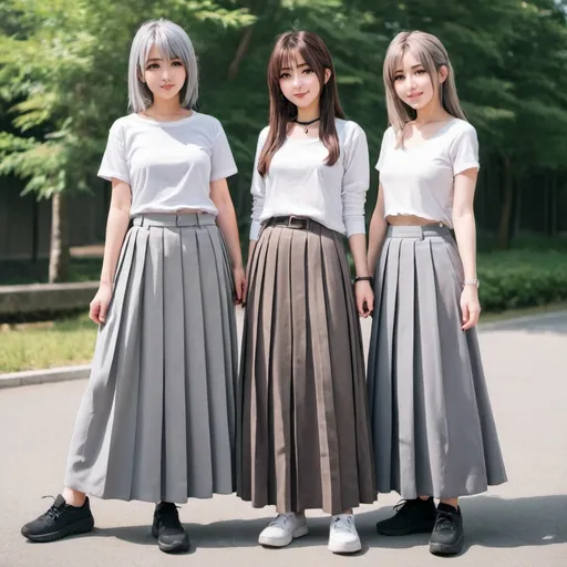 Prompt: anime girls wearing maxi long grey pleated skirts.