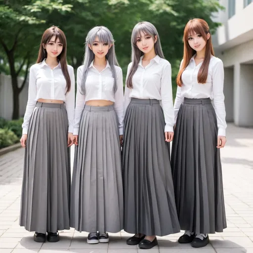 Prompt: anime girls wearing maxi long grey pleated skirts.