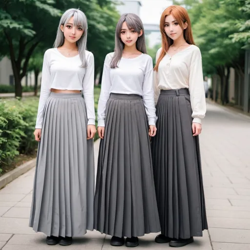 Prompt: anime girls wearing maxi long grey pleated skirts.