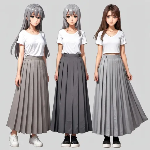 Prompt: anime girls wearing maxi long grey pleated skirts.