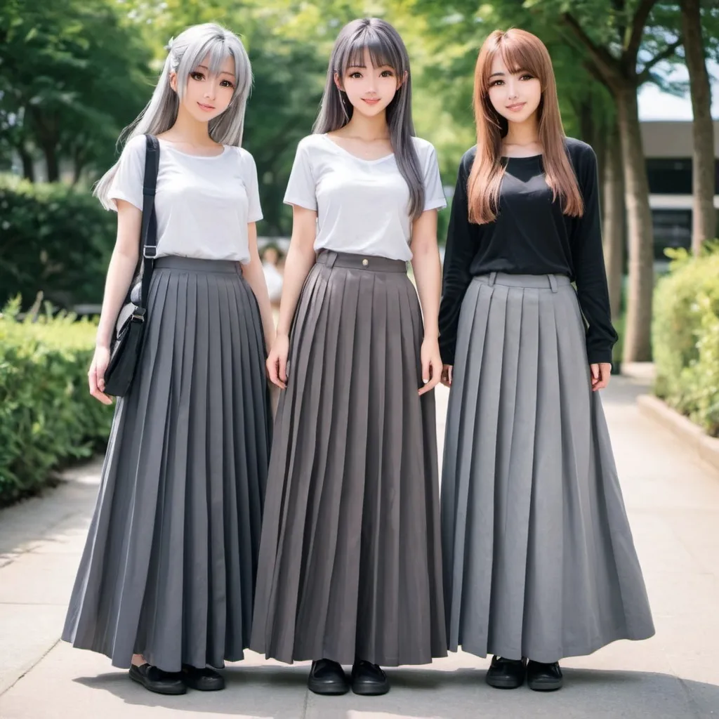 Prompt: anime girls wearing maxi long grey pleated skirts.