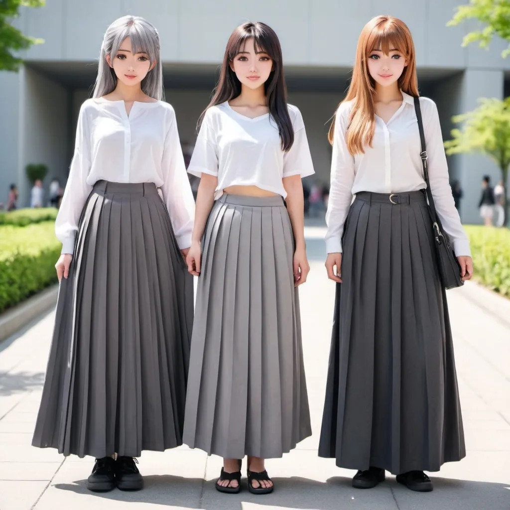 Prompt: anime girls wearing maxi long grey pleated skirts.