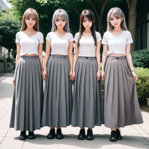 Prompt: anime girls wearing maxi long grey pleated skirts.