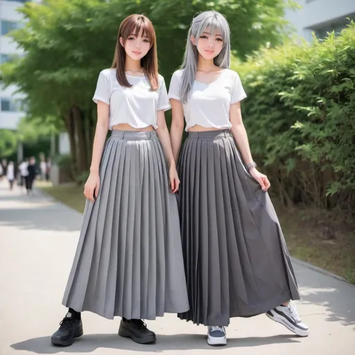 Prompt: anime girls wearing maxi long grey pleated skirts.