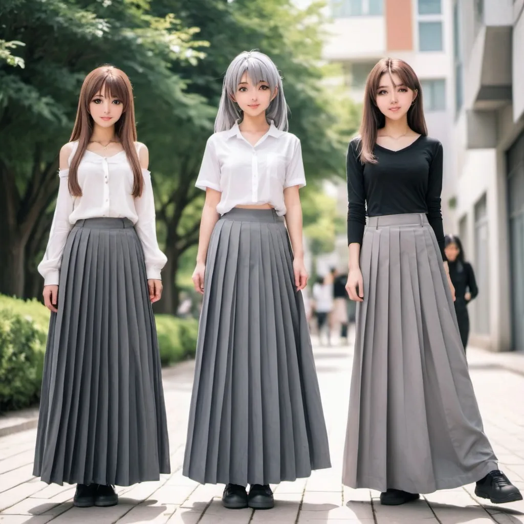 Prompt: anime girls wearing maxi long grey pleated skirts.