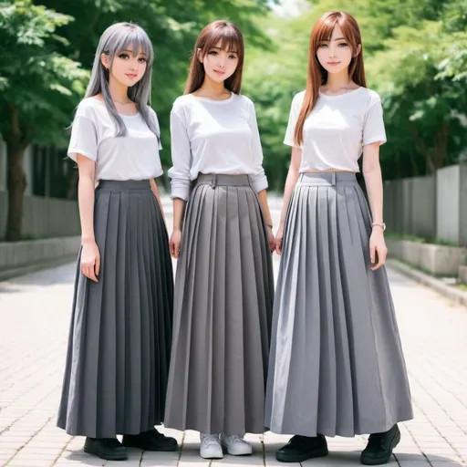 Prompt: anime girls wearing maxi long grey pleated skirts.