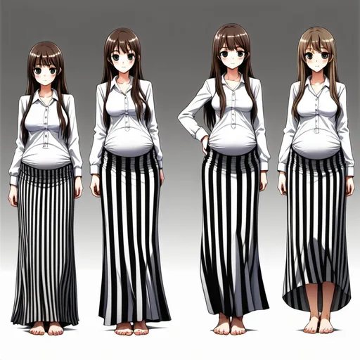 Prompt: Multiple slender barefooted pregnant long-straight haired anime girls who are wearing maxi long vertical striped skirts that are extremely long. The anime girls are also wearing long-sleeved buttoned white shirts.

The long maxi skirts have vertical striped patterns.