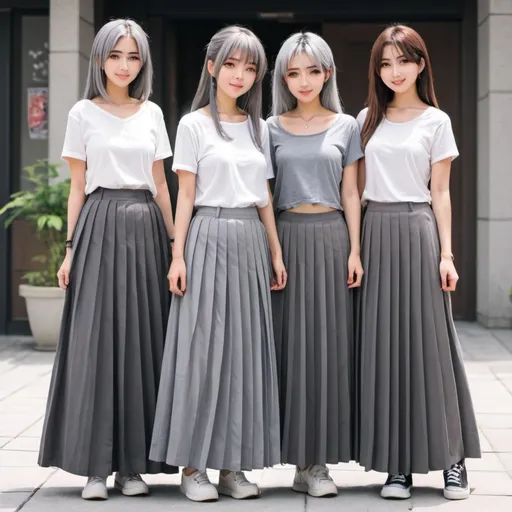 Prompt: anime girls wearing maxi long grey pleated skirts.