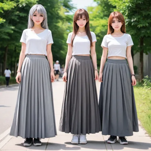 Prompt: anime girls wearing maxi long grey pleated skirts.