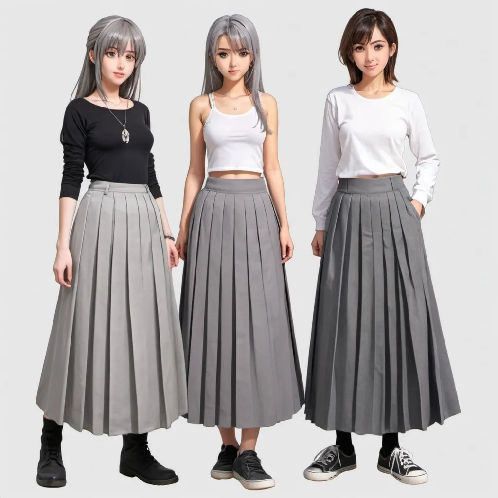 Prompt: anime girls wearing maxi long grey pleated skirts.