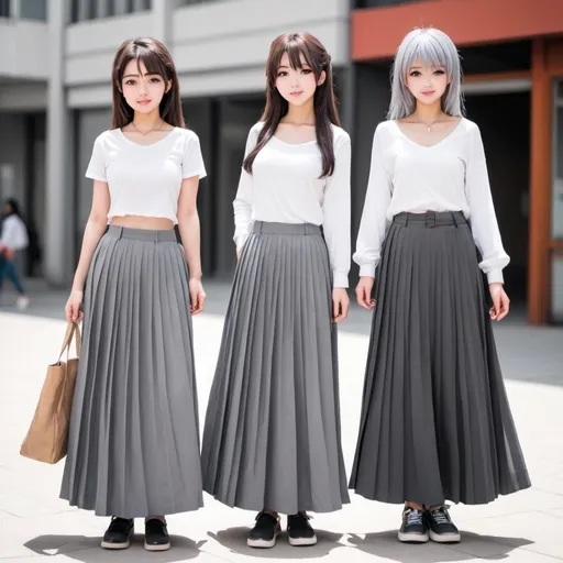 Prompt: anime girls wearing maxi long grey pleated skirts.