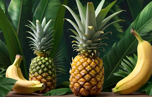 Prompt: Create a hyper-realistic horizontal view 1920x1080 of a lush tropical scene featuring perfectly ripe pineapples and realistic bananas. The background should be filled with lush green foliage