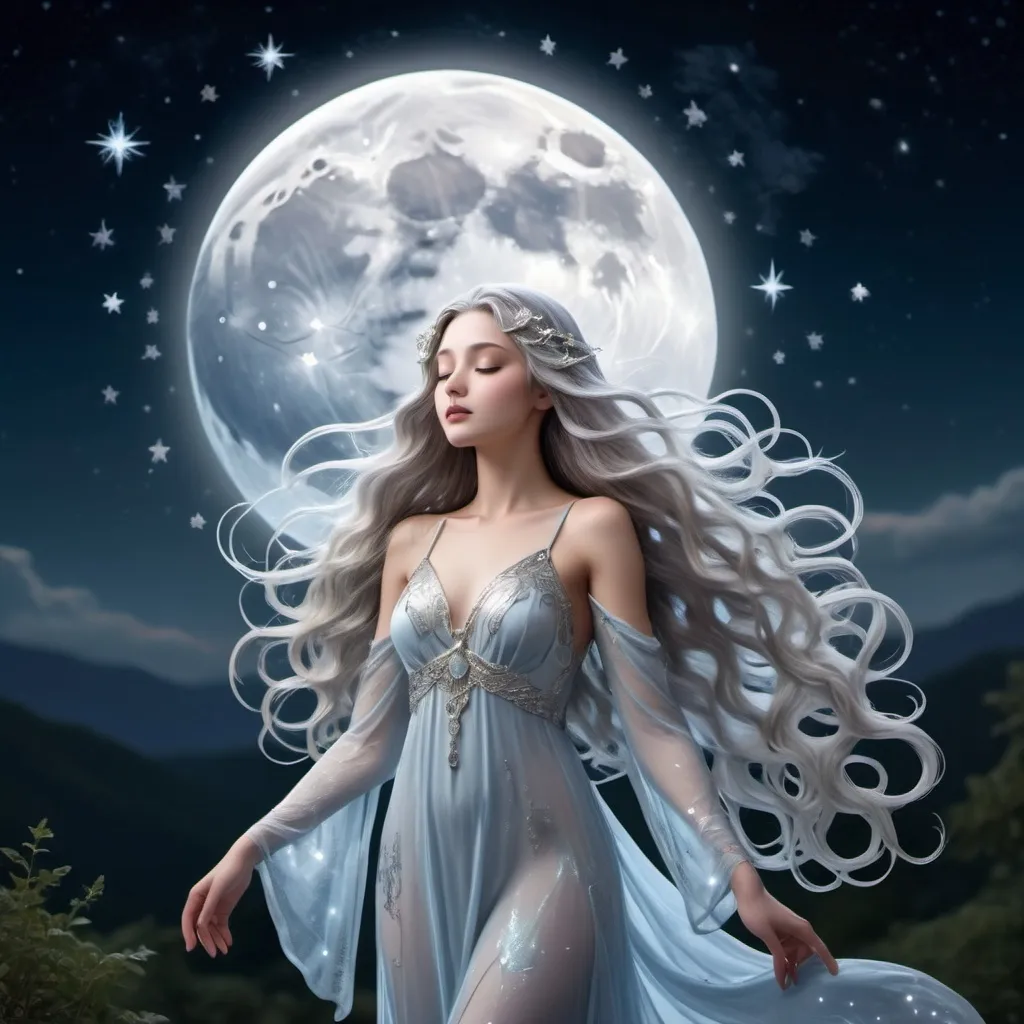 Prompt: (moon goddess), ethereal and enchanting figure, shimmering silvery skin, long flowing hair adorned with stars, luminous and mystical aura, wearing a gown of moonbeams, surrounded by a celestial night sky, glowing full moon in the background, (highly detailed), enchanting atmosphere with a sense of serenity and wonder, (4K resolution), magical and dreamlike ambiance.