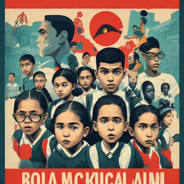 Prompt: Poster sensitizing against speaking vernacular at school, bold and impactful design, school setting with diverse students, strict teacher, serious facial expressions, digital illustration, high contrast colors, powerful message, no vernacular language, educational campaign, professional, impactful composition, high quality, digital art, serious tone, diverse characters, school rules, strict teacher, multilingual education, impactful visuals, important message in English language
