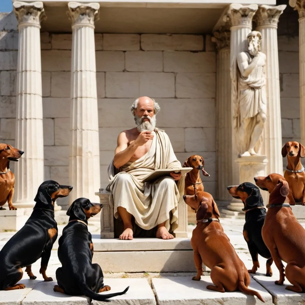 Prompt: Socrates giving a lecture to dachshunds in ancient Athens.