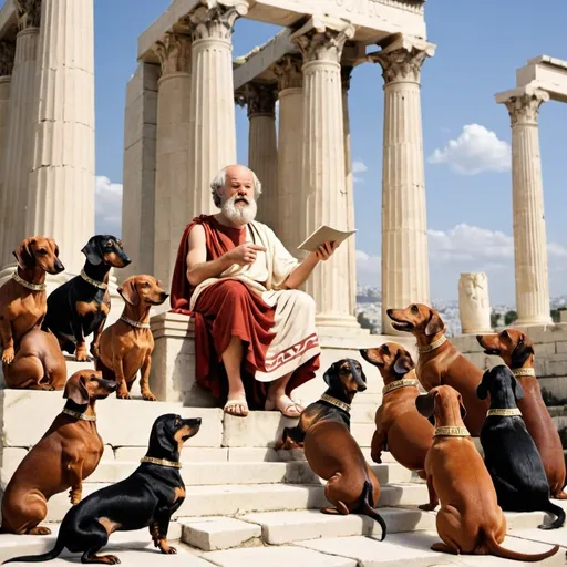 Prompt: Socrates giving a lecture to dachshunds wearing togas in ancient Athens.