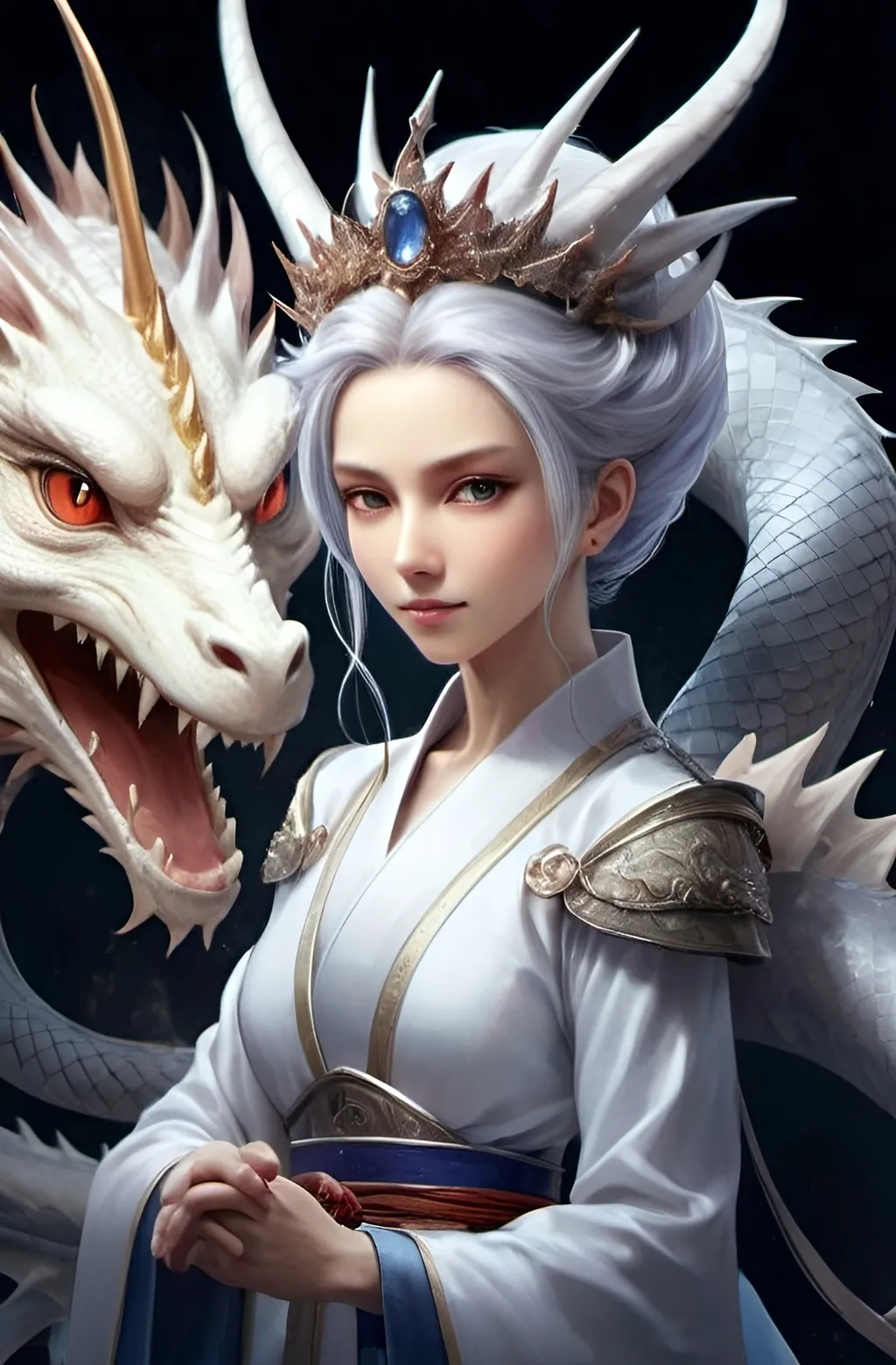 Prompt: Queen with dragon white behind her, anime face