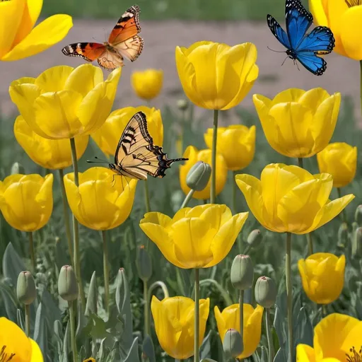 Prompt: Yellow poppies tulips tulip and butyerflies