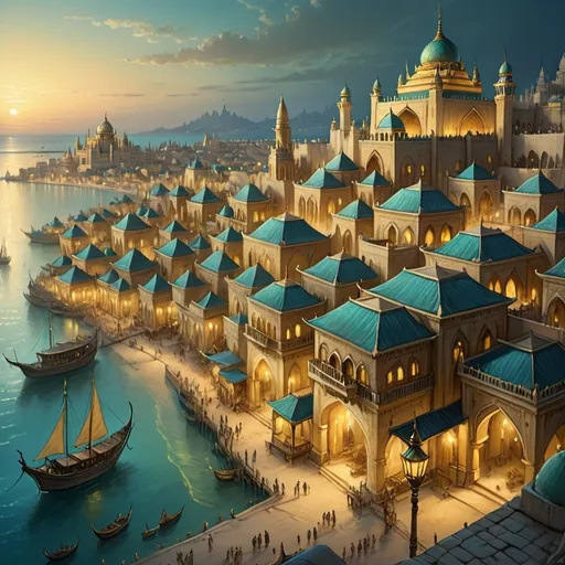 Prompt: Top-down Anton Pieck style illustration of a large port city, grand ottoman palace overlooking, the port has many stone quays, desert sand, summer, the sea shore in the background, pyramids in the distance, exotic atmosphere, soft tones, nightfall, golden hour, desert, detailed buildings, crowded streets, exotic setting, warm lighting, intriguing, mysterious, bustling city, grand palace, blue-green ocean, mysterious, soft tones, nightfall, golden hour, desert shore, fantasy, heartwarming lighting