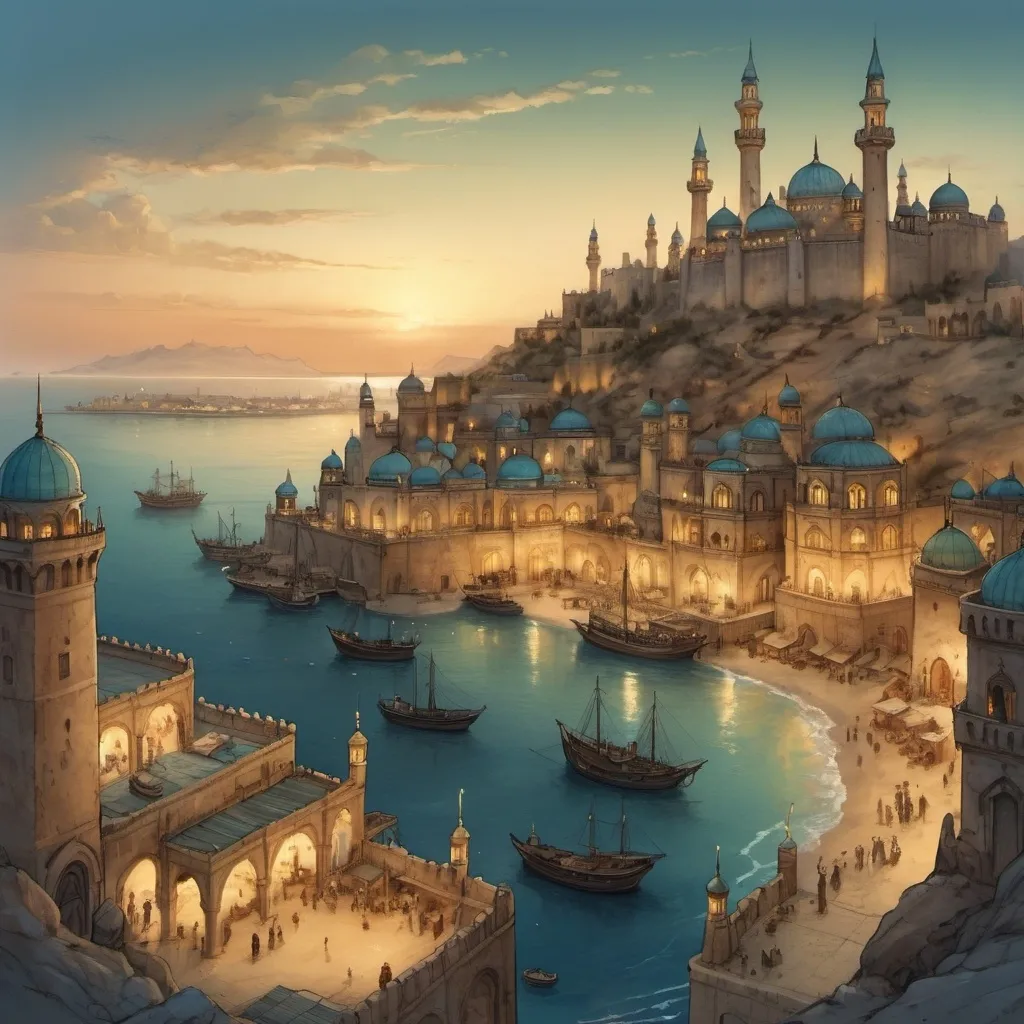 Prompt: Top-down Anton Pieck style illustration of a large port city, grand ottoman castle overlooking, desert sand, summer, stone docks, the sea shore in the background, exotic atmosphere, soft tones, nightfall, golden hour, desert, detailed buildings, crowded streets, exotic setting, warm lighting, intriguing, mysterious, bustling city, grand palace, stone docks, blue-green ocean, mysterious, soft tones, nightfall, golden hour, desert shore, fantasy, heartwarming lighting