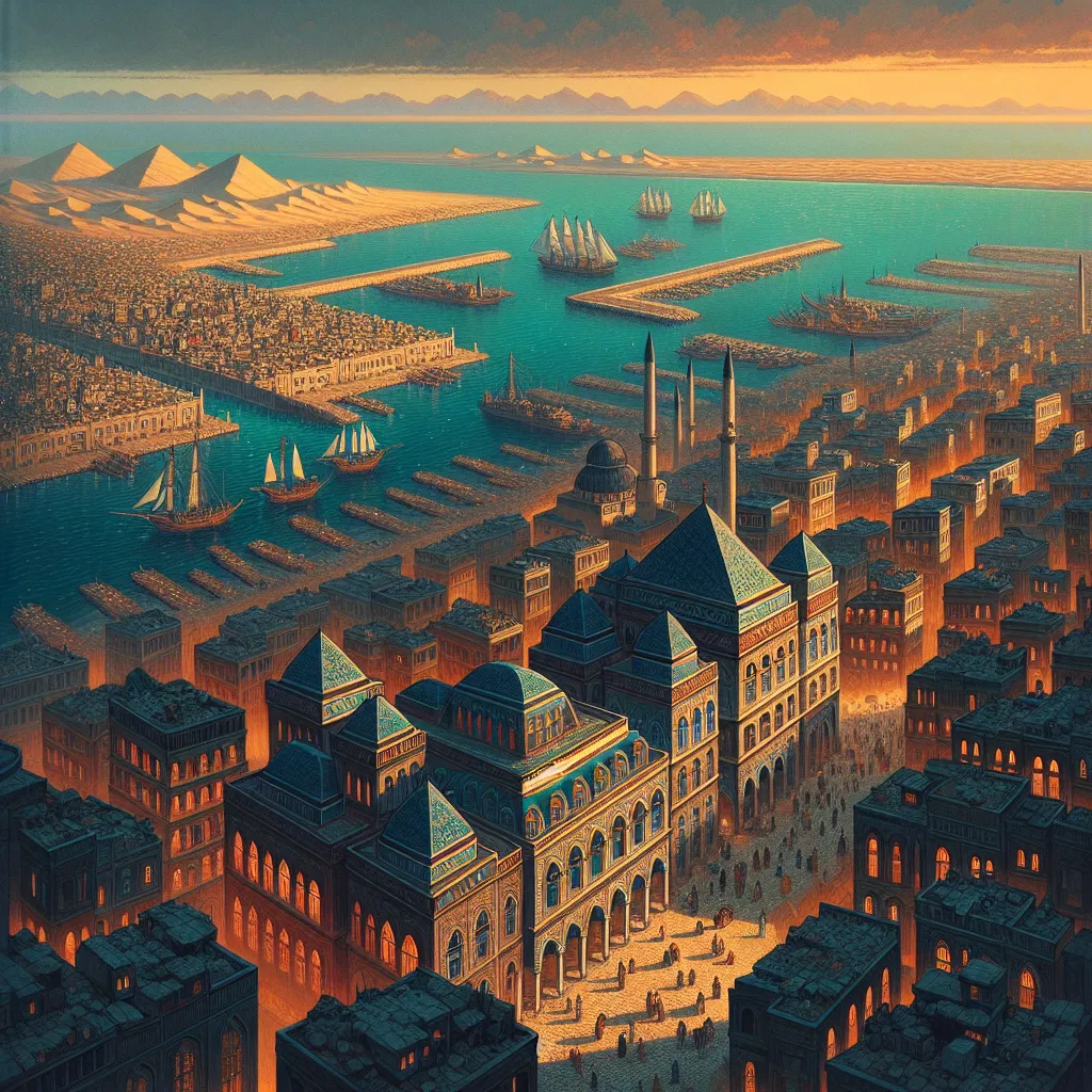 Prompt: Top-down Anton Pieck style illustration of a large port city, grand ottoman palace overlooking, the port has many stone quays, desert sand, summer, the sea shore in the background, pyramids in the distance, exotic atmosphere, soft tones, nightfall, golden hour, desert, detailed buildings, crowded streets, exotic setting, warm lighting, intriguing, mysterious, bustling city, grand palace, pyramids, blue-green ocean, mysterious, soft tones, nightfall, golden hour, desert shore, fantasy, heartwarming lighting