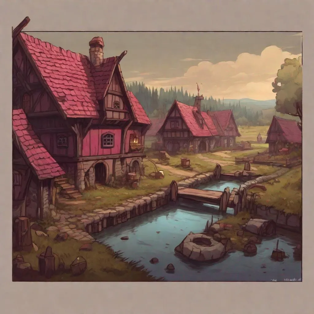 Prompt: a small Medieval village next to a cranberry bog, in a dungeons and dragons fantasy art style