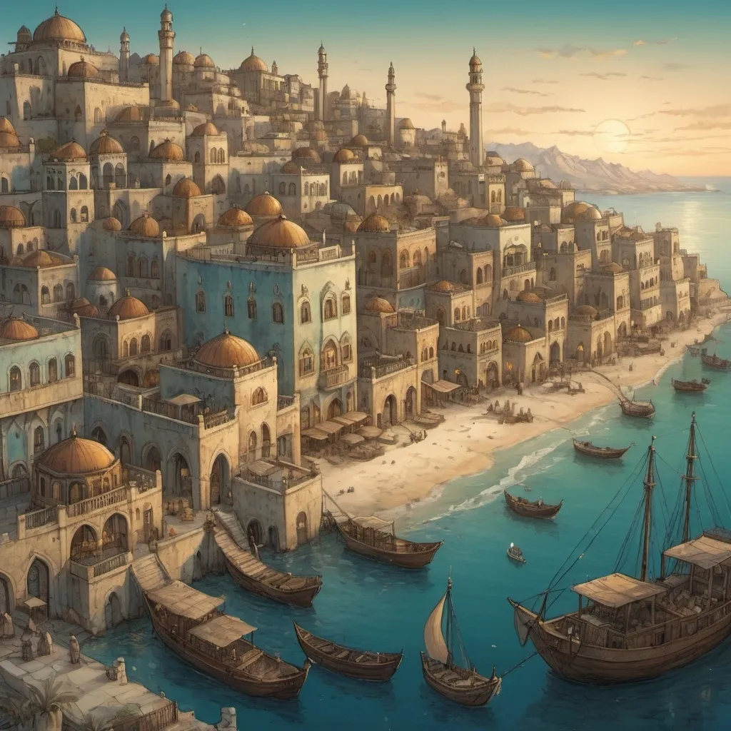 Prompt: Top-down Anton Pieck style illustration of a large port city, grand ottoman palace overlooking, the port has many stone quays, desert sand, summer, the sea shore in the background, exotic atmosphere, soft tones, nightfall, golden hour, desert, detailed buildings, crowded streets, exotic setting, warm lighting, intriguing, mysterious, bustling city, grand palace, blue-green ocean, mysterious, soft tones, nightfall, golden hour, desert shore, fantasy, heartwarming lighting