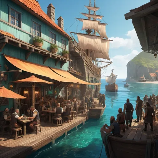 Prompt: (fantasy concept art illustration), the exterior of a portside tavern for sailors, (exotic atmosphere), vivid colors, warm midday lighting, detailed buildings, a crowd of sailors outside and inside the tavern, newly rebuilt port, humans, dwarves, tabaxi, sparkling blue-green ocean, intriguing mysterious surroundings, intricate energizing scene, captivating visual narrative, immersive ambiance, beautifully illustrated details, (high-quality render), ultra-detailed, cinematic depth, dynamic composition.