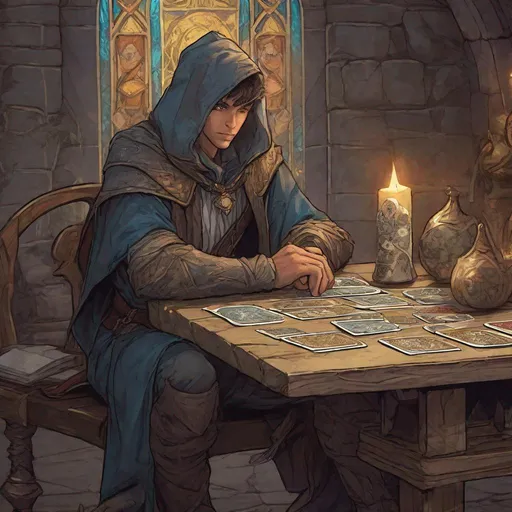 Prompt: a young human Male wizard leans over a table with tarot cards on it, in a dungeons and dragons fantasy art style