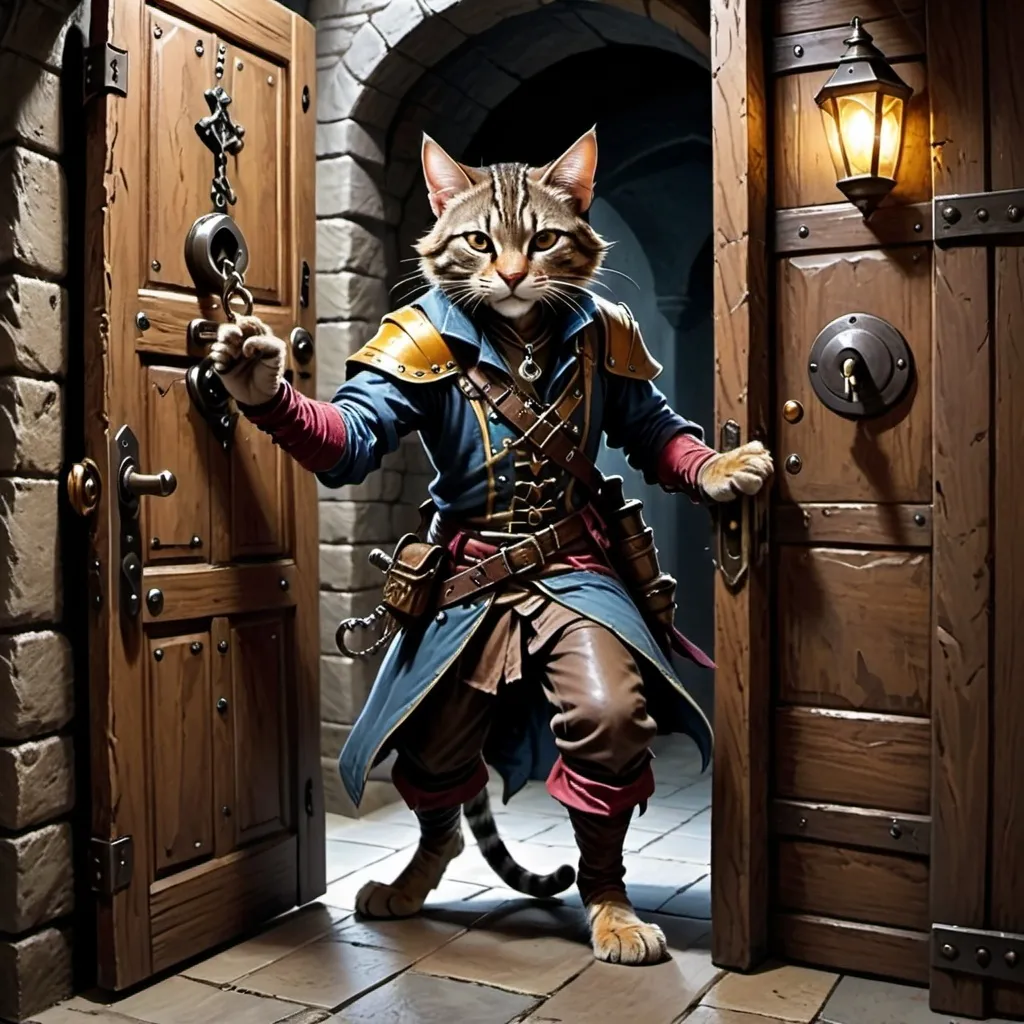 Prompt: fantasy style, a tall, male, tabby colored tabaxi rogue is picking the lock on a solitary heavy wooden door at the end of a dark stone hallway, the hallway is 5 feet wide, there is no light, the rogue is wearing leather swashbuckler gear
