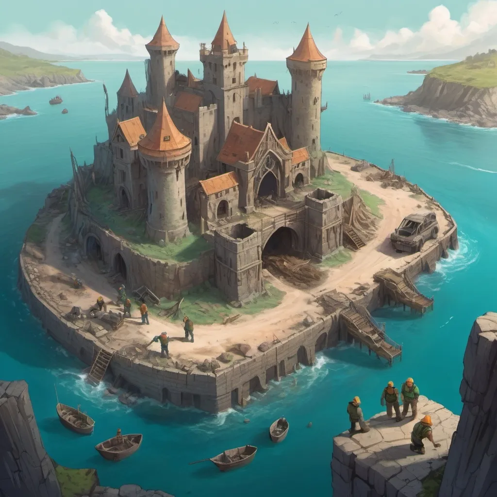 Prompt: Top-down fantasy concept art illustration of a team of human and dwarven construction workers restoring a large damaged island port, spring, a huge ruined castle in the background, exotic atmosphere, soft tones, mid day, detailed buildings, exotic setting, warm lighting, intriguing, mysterious, blue-green ocean, mysterious, soft tones, mid day, topical shore, fantasy, heartwarming lighting