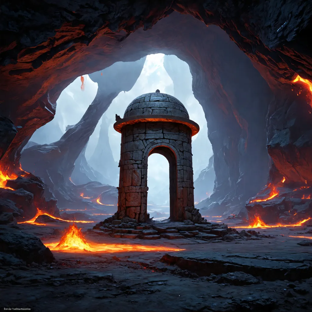 Prompt: A round, stone gateway three hundred feet high; the gateway is standing in the midst of a huge underground cavern lit by distant lava flows, in the style of fantasy concept art