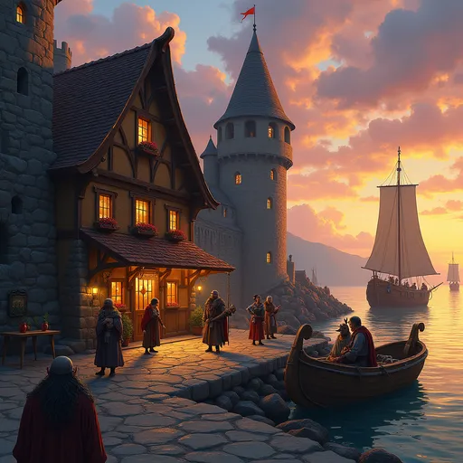 Prompt: (fantasy style), dnd concept art, a tavern by a stone quay, attached to a castle, dramatic fantasy fortress scene, warm sunset lighting, populated street with dwarves and men and tabaxi, sailing vessels docked