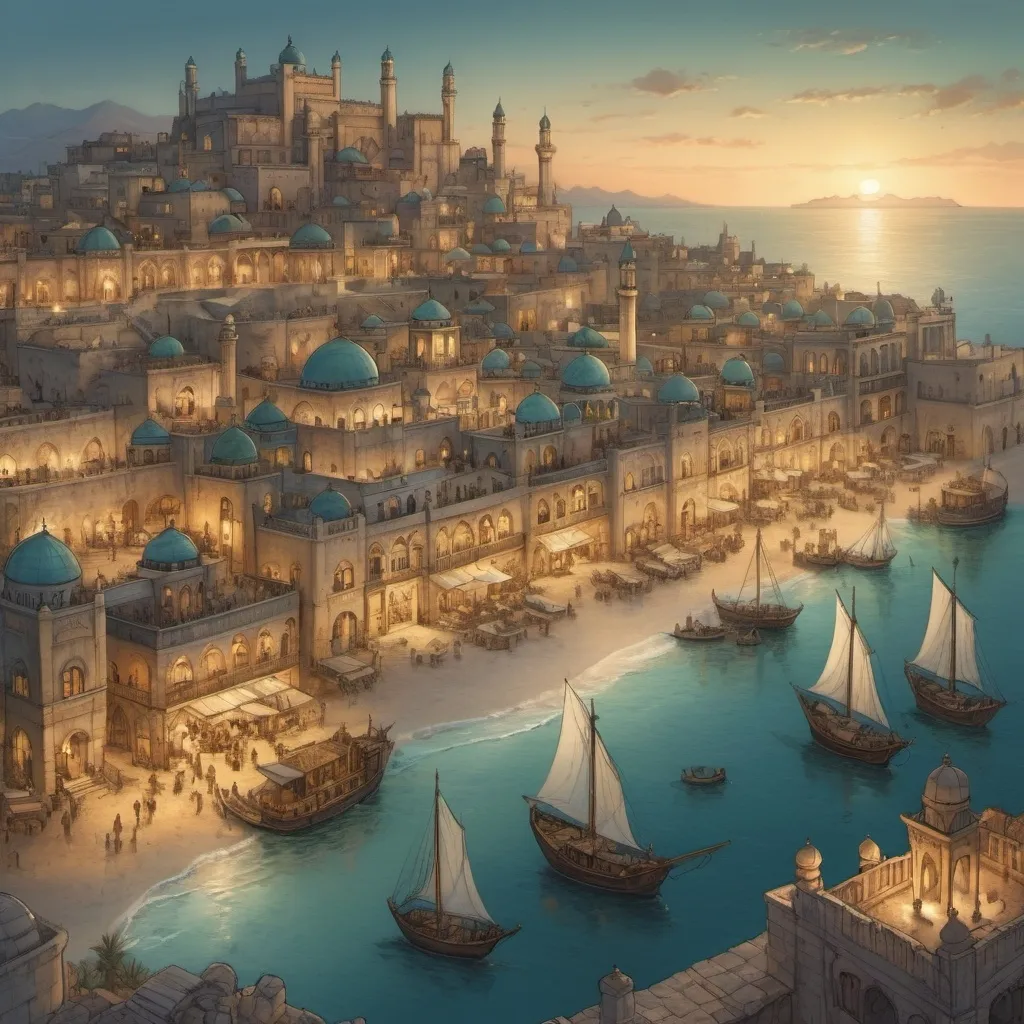 Prompt: Top-down Anton Pieck style illustration of a large port city, grand ottoman palace overlooking, the port has many stone quays, desert sand, summer, the sea shore in the background, exotic atmosphere, soft tones, nightfall, golden hour, desert, detailed buildings, crowded streets, exotic setting, warm lighting, intriguing, mysterious, bustling city, grand palace, blue-green ocean, mysterious, soft tones, nightfall, golden hour, desert shore, fantasy, heartwarming lighting