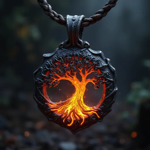 Prompt: a fantasy art image for a magical item in a dungeons and dragons fifth edition campaign, highly detailed, dramatic lighting, a magical pendant in the form of a burned tree, the pendant has been blackened and scorched and shows signs of dark magic having been worked on it