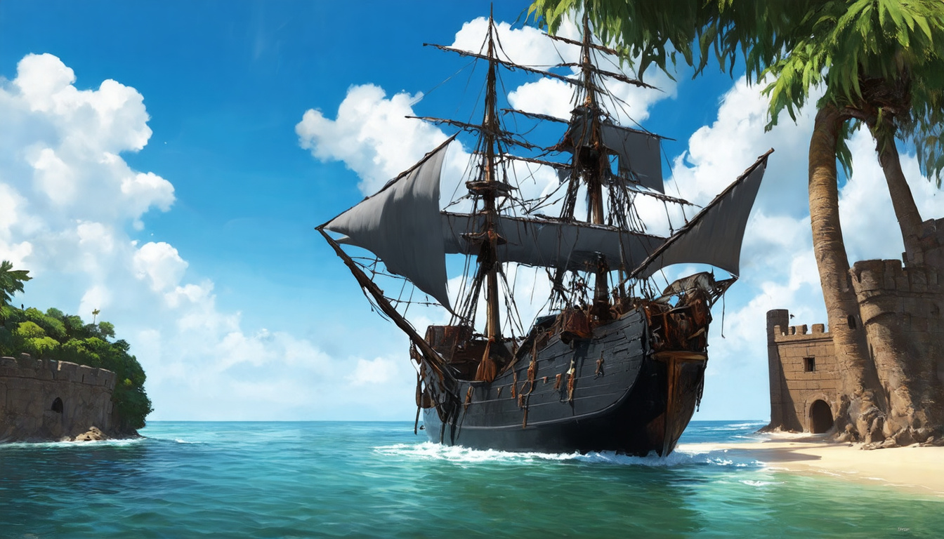 Prompt: a sailing ship with black hull and grey sails, docked alongside a fortress on a tropical island, in the style of fantasy concept art
