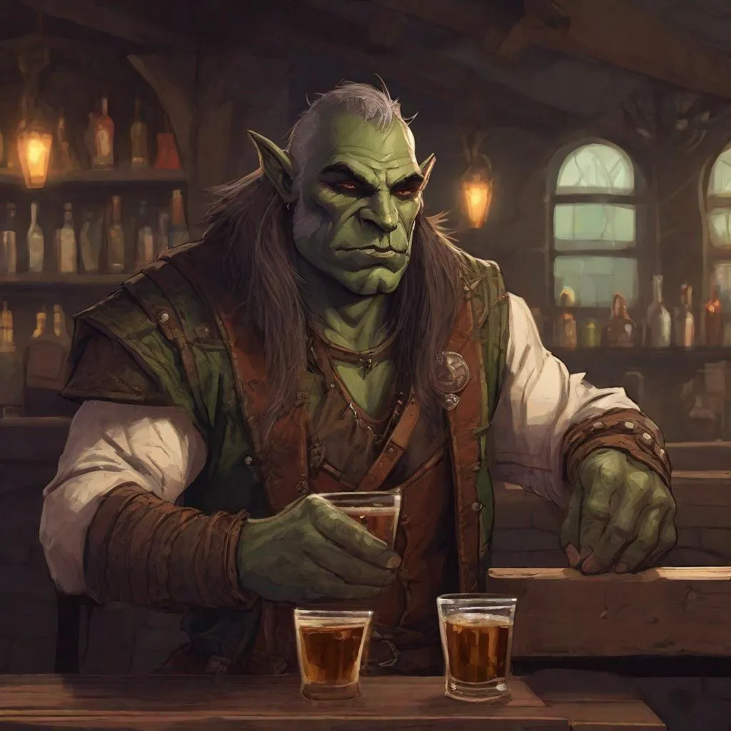 Prompt: a half orc in noble clothes drinking at a bar, in Fantasy concept art style