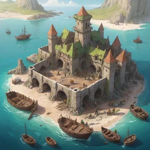 Prompt: Top-down fantasy concept art illustration of a team of human and dwarven construction workers restoring a large damaged island port, spring, a huge ruined castle in the background, exotic atmosphere, soft tones, mid day, detailed buildings, exotic setting, warm lighting, intriguing, mysterious, blue-green ocean, mysterious, soft tones, mid day, topical shore, fantasy, heartwarming lighting