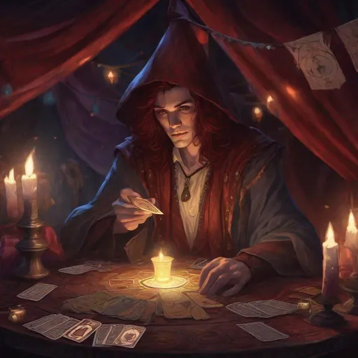 Prompt:  a pale young human Male wizard with dark red hair is visiting a fortune teller, in a dimly lit circus tent, the table has tarot cards on it, in a dungeons and dragons fantasy art style