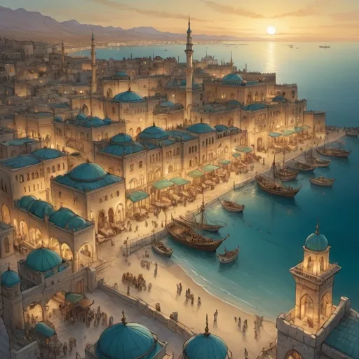 Prompt: Top-down Anton Pieck style illustration of a large port city, grand ottoman palace overlooking, the port has many stone quays, desert sand, summer, the sea shore in the background, exotic atmosphere, soft tones, nightfall, golden hour, desert, detailed buildings, crowded streets, exotic setting, warm lighting, intriguing, mysterious, bustling city, grand palace, blue-green ocean, mysterious, soft tones, nightfall, golden hour, desert shore, fantasy, heartwarming lighting