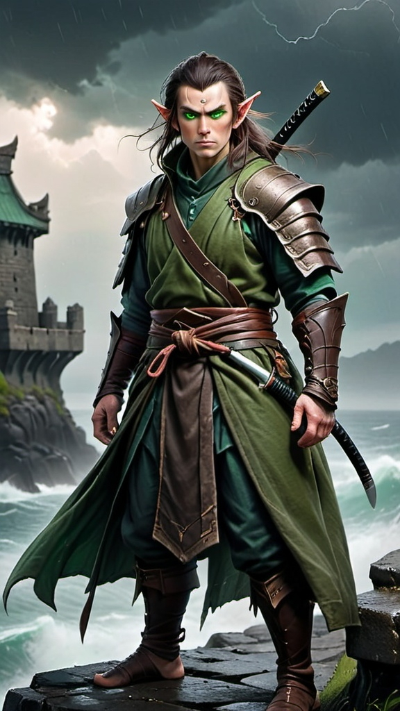 Prompt: (fantasy style) A noble, (elderly) half-elf male stands on the ramparts of an island fortress looking out over a stormy sea, the elf has emerald colored eyes and streaks of grey in his brown hair, the half-elf has a muscular frame and he wears a coat of banded mail armor with a flowing green cloak, the half-elf has two katana strapped to his belt, moody atmosphere, ominous lighting, perspective is from 20 meters away