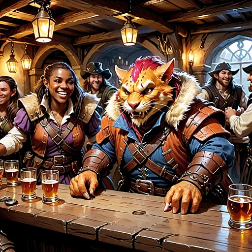 Prompt: (((dungeons and dragons concept art))), a group of (dungeons and dragons style Tabaxi swashbucklers) with several different types of fur and thin faces, drink and [laugh] having fun inside a dingy tavern, (a large glass display case behind the bar is filled with bottles of dark liquor), (a crowd of human and dwarf customers) are at tables, immersive ambiance, intricate rowdy scene, beautifully illustrated details, warm lighting, (high-quality render), ultra-detailed composition, cinematic depth, dynamic storytelling.