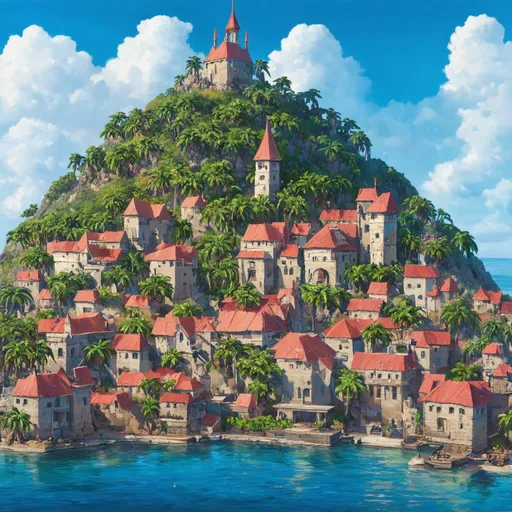 Prompt: A tropical port city in front of a hill overlooking a calm bay, in the style of dungeons and dragons fantasy art