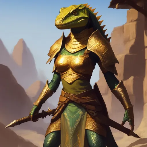 Prompt: a golden skin female lizardfolk warrior, in a fantasy concept style