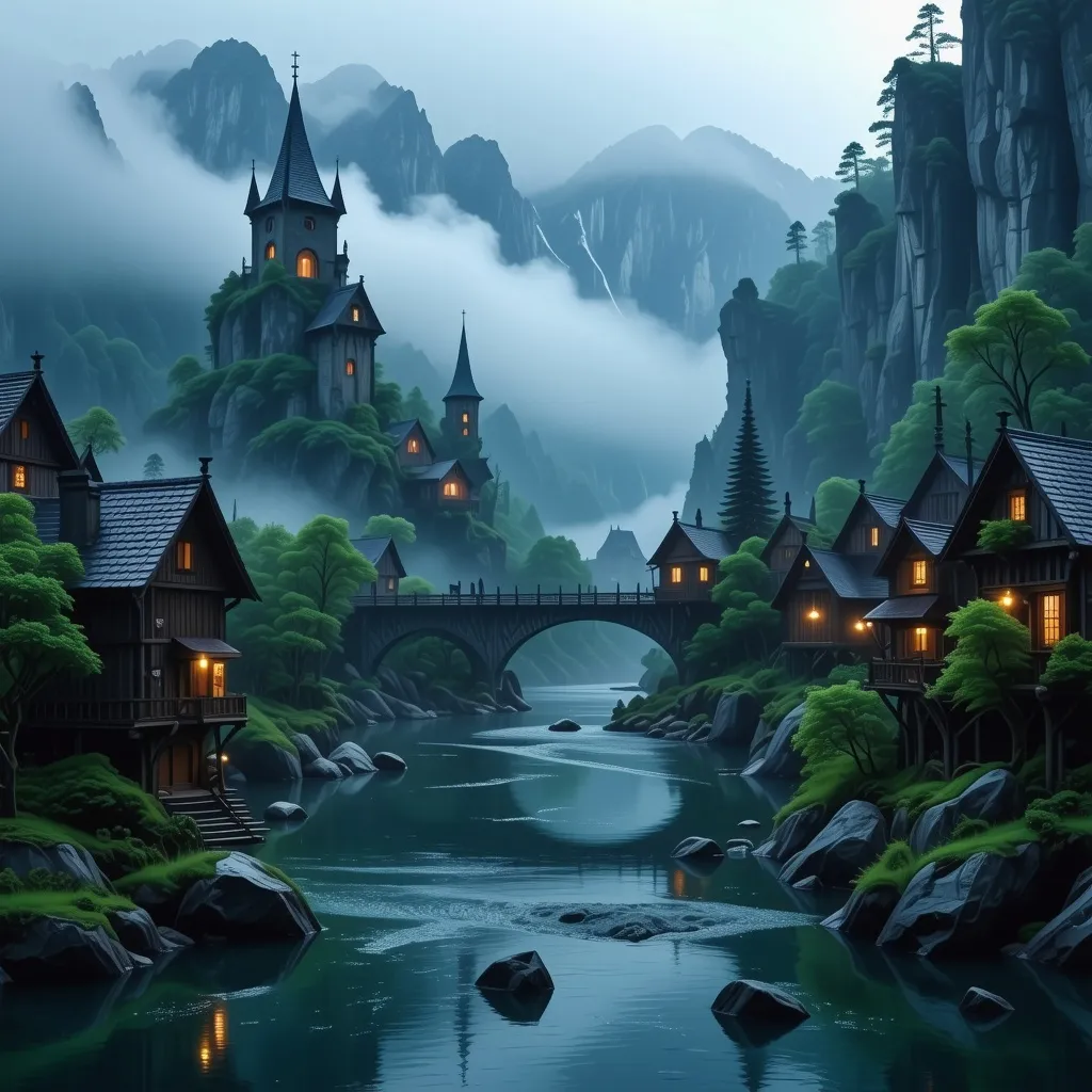 Prompt: (fantasy style) small settlement, foggy, bridge and river, dramatic fantasy settlement scene, cinematic lighting