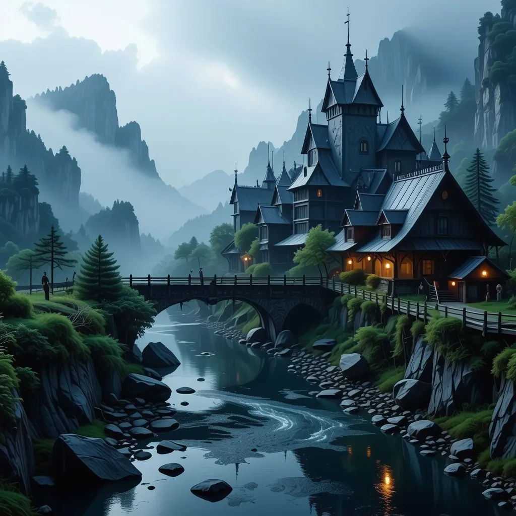 Prompt: (fantasy style), dnd, small settlement, foggy, bridge and river, dramatic fantasy settlement scene, cinematic lighting