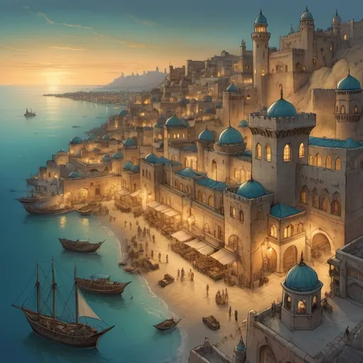 Prompt: Top-down Anton Pieck style illustration of a large port city, grand ottoman castle overlooking, desert sand, summer, stone docks, the sea shore in the background, exotic atmosphere, soft tones, nightfall, golden hour, desert, detailed buildings, crowded streets, exotic setting, warm lighting, intriguing, mysterious, bustling city, grand palace, stone docks, blue-green ocean, mysterious, soft tones, nightfall, golden hour, desert shore, fantasy, heartwarming lighting